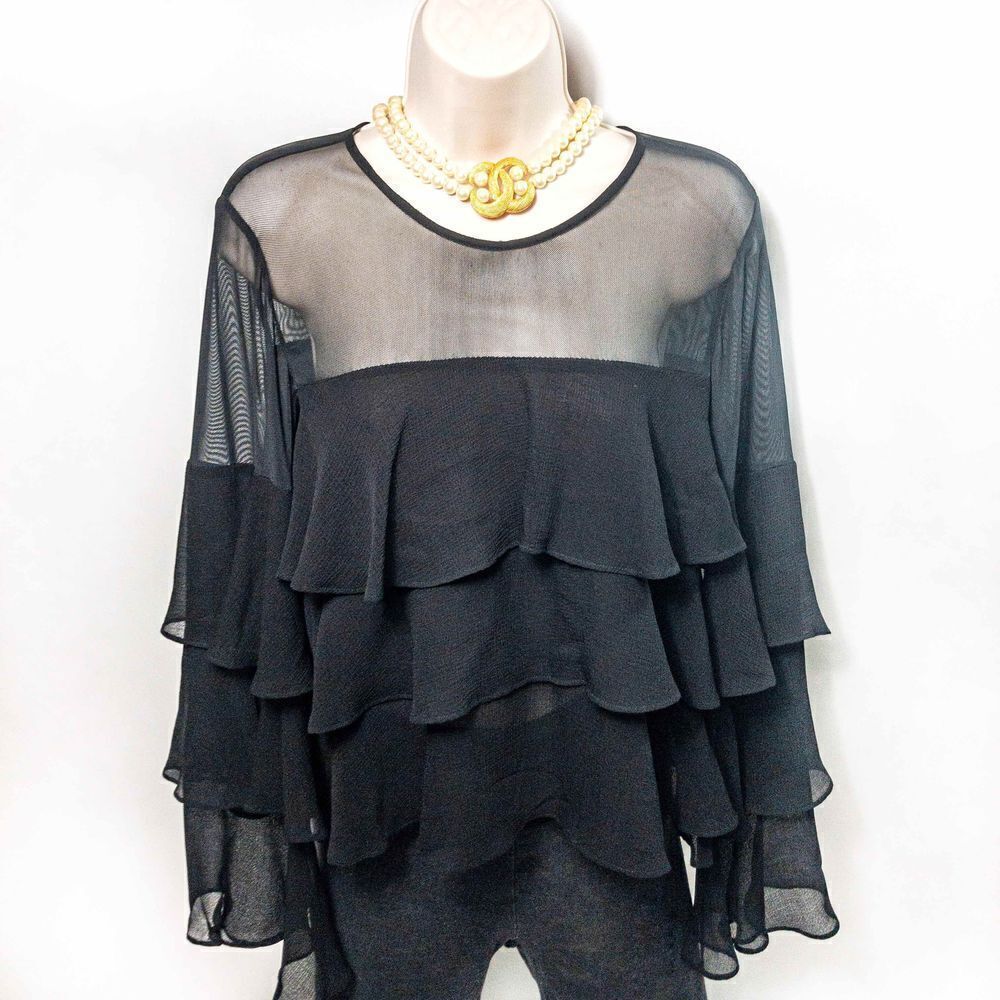 BCBGeneration Sheer Black Tiered Ruffle Blouse Sz XS